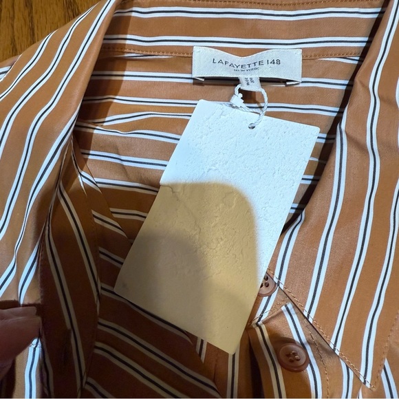 Lafayette 148 Women's Brown Ruxton Striped Button-Down Blouse Top Size XL NWT - Picture 3 of 6